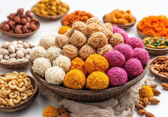 Poster - Vibrant and Colorful Assortment of Traditional Indian Sweets and Snacks in Decorative Bowls on White Surface