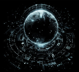 Leinwandbilder - Vector illustration depicts a glowing, multicolored sphere composed of dots, set against a dark background. The design evokes cosmic or digital themes with a sense of depth and mystery.