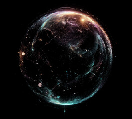 Leinwandbilder - Vector illustration depicts a glowing, multicolored sphere composed of dots, set against a dark background. The design evokes cosmic or digital themes with a sense of depth and mystery.