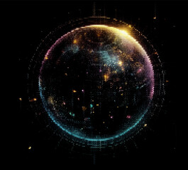 Leinwandbilder - Vector illustration depicts a glowing, multicolored sphere composed of dots, set against a dark background. The design evokes cosmic or digital themes with a sense of depth and mystery.
