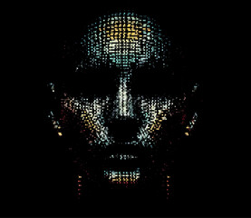 Aufkleber - Pixelated face emerges from a dark background in this vector illustration. The glitch effect conveys a digital, mysterious, and tech-driven atmosphere, symbolizing hacking and cyber presence.