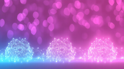 Connected Networks of Light Nodes and Digital Mesh Abstract Arrangement on Gradient Bokeh Backdrop.