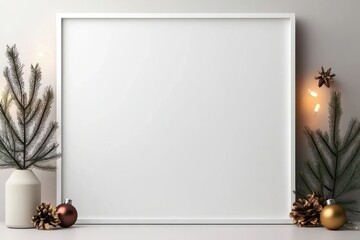 Wall Mural - White Blank Picture Frame with Christmas Decorations - Holidays Festive Mockup