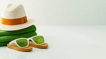 Stylish summer essentials featuring a hat, towels, and sunglasses on a clean surface