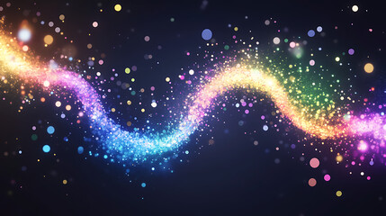 Wall Mural - dynamic rainbow light stream in motion with sparkling dust and bokeh effect on a dark background.