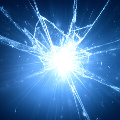 Wall Mural - dynamic shattered glass explosion with intense radiating light and blue hues for visual impact.