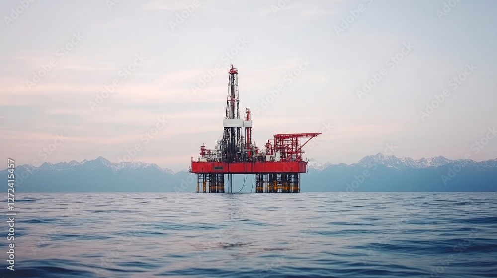 Oil Extraction Rig Oil rig extraction platform in ocean with mountains as backdrop for ...