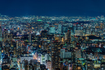 Wall Mural - Dense buildings with Osaka castle at Osaka central area at night