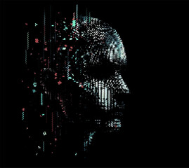 Aufkleber - Pixelated face emerges from a dark background in this vector illustration. The glitch effect conveys a digital, mysterious, and tech-driven atmosphere, symbolizing hacking and cyber presence.