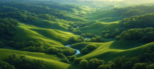 Aufkleber - Impressionistic Green Hills Landscape Wallpaper Design with Winding River and Vibrant Fields