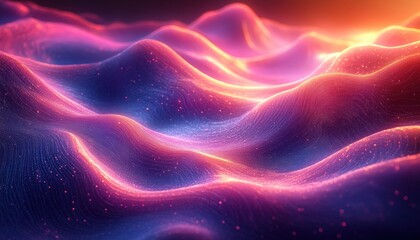 Leinwandbilder - Futuristic Abstract Digital Landscape Technology Background with Neon Blue Purple Waves and Grid Patterns