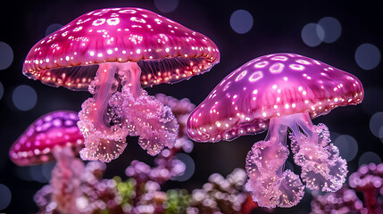 Wall Mural - luminescent jellyfish display with polka dots in an aquatic environment with bokeh effects.