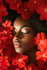 Wall Mural - Woman surrounded by red flowers, eyes closed, soft light, serene expression, intimate closeup