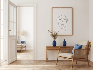 Calm living room interior with a beige armchair and minimalist line art above a console table.
