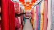 © Morninghead - Textile store bright cloths displayed under Chinese lanterns, shoppers seek material