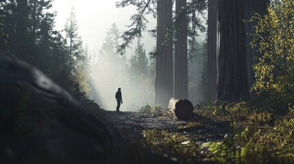 Wall Mural - Solitary hiker in misty redwood forest.