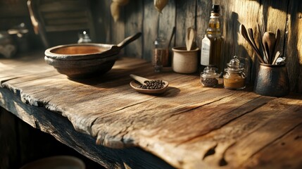 Rustic Kitchen Counter with Wooden Bowls and Cooking Ingredients