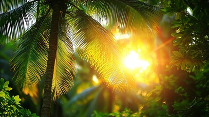 Wall Mural - Tropical sunset through palm leaves