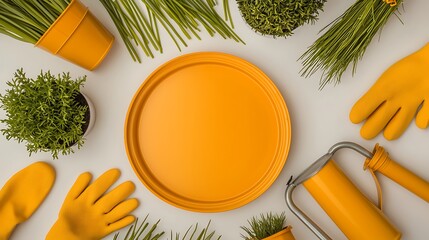 Vibrant yellow gardening tools and plants arranged on a white surface, showcasing spring gardening preparations