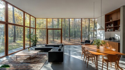 Wall Mural - Modern living room with large windows showcasing a forest view. Perfect for showcasing minimalist design, nature connection, and tranquil living spaces.