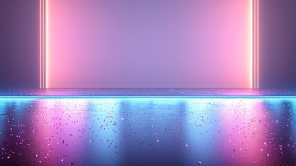 Wall Mural - neon lights illuminate reflective floor, crystals scattered. background use product display