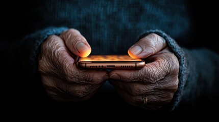 Wall Mural - close up shot of an elderly hand with visible wrinkles and signs of age gently interacting with a mo