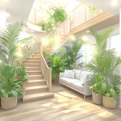 Canvas Print - Serene Interior with Wooden Staircase Tropical Plants and Natural Light Elegant Home Decor Design.