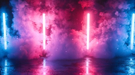 Wall Mural - pink blue neon lights smoky studio