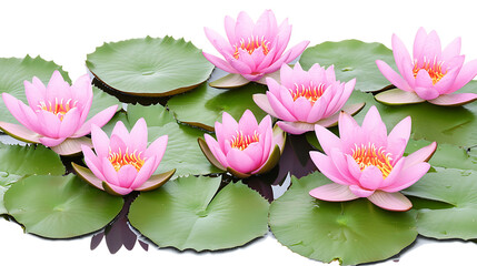 Wall Mural - Serene Water Lilies Floating in a Calm Pond Displaying Their Pink Petals and Vibrant Yellow Centers.