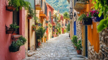  Colorful European Alleyway with Flowers and Buildings