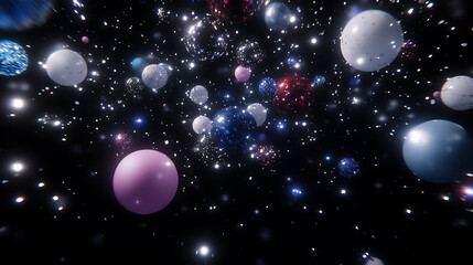 Wall Mural - Space Orbs Reflecting Light from Distant Stars with a Gleaming Universe Background Radiating Brilliance.