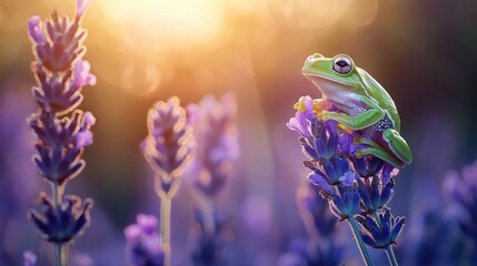 Wall Mural - Green tree frog perched on lavender flowers at sunset.