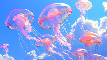 colorful jellyfish in blue sky with clouds. iridescent jellyfish skies. illustration