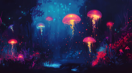 Wall Mural - glowing floating jellyfish