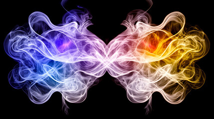 Wall Mural - symmetrical smoke abstraction with vibrant colors on black background for art and design projects.