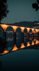 Wall Mural - Dramatic High Contrast Image of Illuminated Bridge at Night