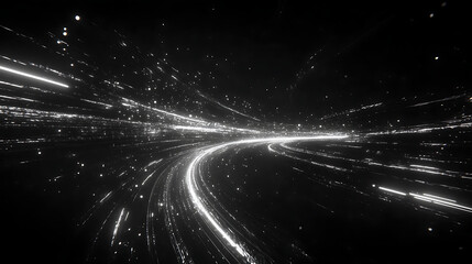 Wall Mural - tunnel of light speed abstract black and white motion art with particle streaks sci fi concept.
