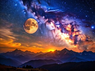 Wall Mural - Majestic Night Sky Landscape: Starry Night, Moonlit Mountains, Celestial Scene