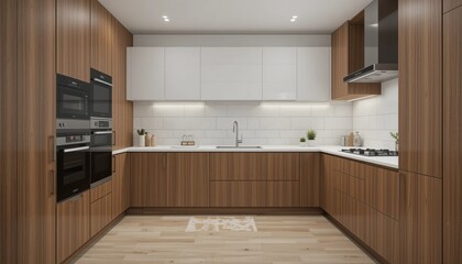 Wall Mural - blurred Modern brown white kitchen interior with a empty wooden table and cabinets in a well-designed home