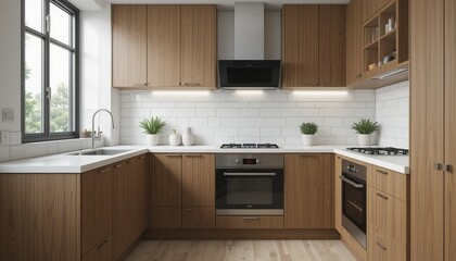 Wall Mural - blurred Modern brown white kitchen interior with a empty wooden table and cabinets in a well-designed home