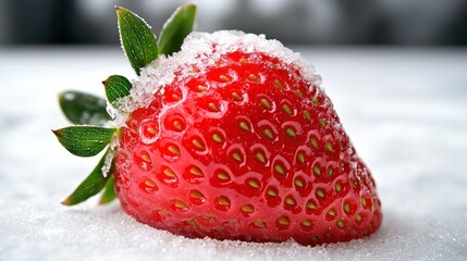 Wall Mural - Fresh Strawberry in Winter Snow  Icy Red Fruit  Closeup Macro