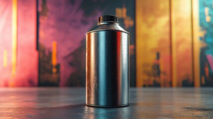 Wall Mural - Metal Spray Can Stands in Dramatic Lighting Against a Vibrant Graffiti Backdrop