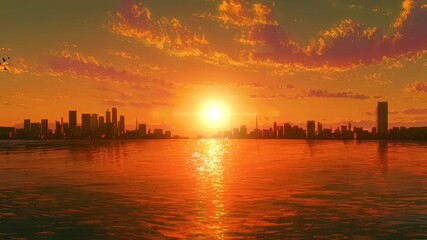 Wall Mural - Panoramic Anime Ocean View with a Glowing City on Both Sides