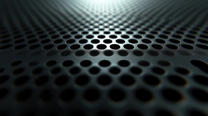 Abstract close-up of a perforated metal surface.  Dark grey texture with repeating circular holes.