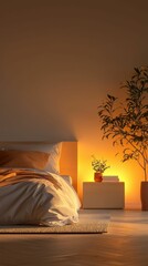 Wall Mural - Serene Minimalist Bedroom with Soft Illumination and Greenery