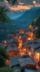 Wall Mural - Serene Mountain Village Illuminated by Warm Evening Light