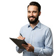 © Niko - Smiling bearded businessman holding a clipboard and pen on a transparent background