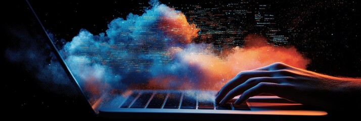 Coding Creates Digital Worlds: Programmer Typing on Laptop, Lines of Code Exploding in Nebula-Like Cloud Effect