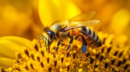 Wall Mural - Bee pollinating sunflower, close-up, sunny day, nature