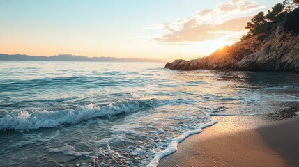 Wall Mural - Serene Seaside Haven at Sunrise with Gentle Waves and Soft Light